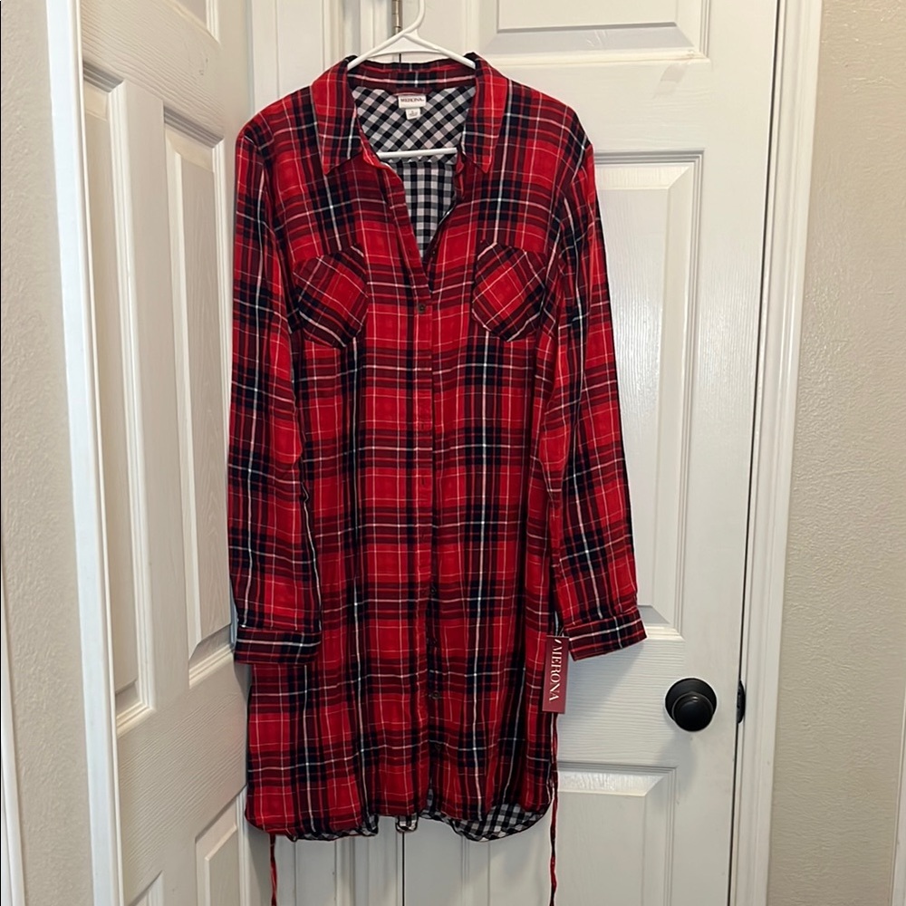 NWT MERONA Red Plaid Shirt Dress SIZE L